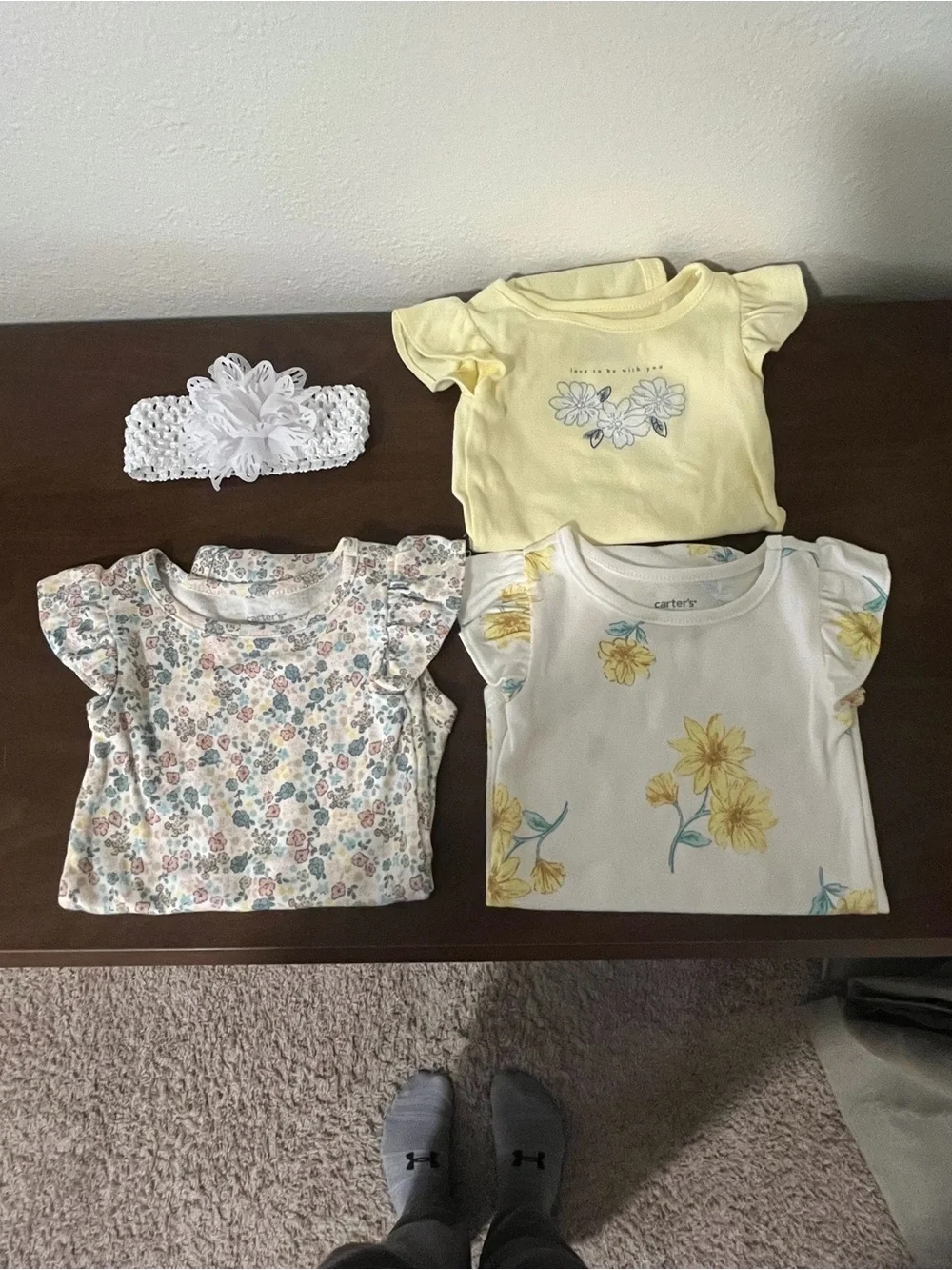 Carter's Yellow & White Floral Ruffle Sleeve Baby Tops Set